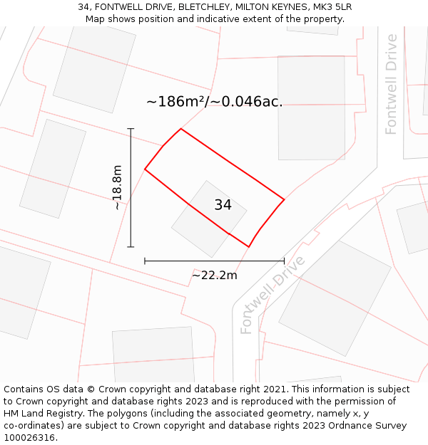 34, FONTWELL DRIVE, BLETCHLEY, MILTON KEYNES, MK3 5LR: Plot and title map