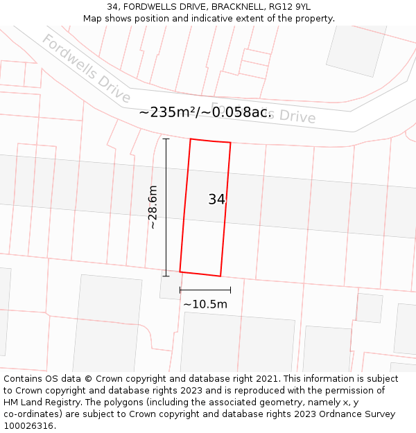 34, FORDWELLS DRIVE, BRACKNELL, RG12 9YL: Plot and title map