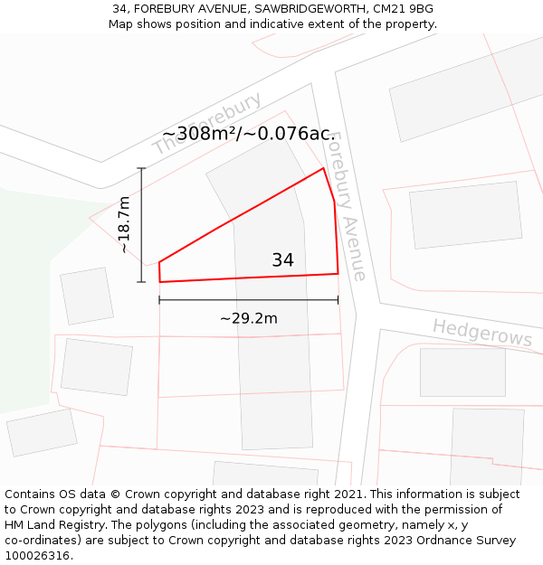 34, FOREBURY AVENUE, SAWBRIDGEWORTH, CM21 9BG: Plot and title map