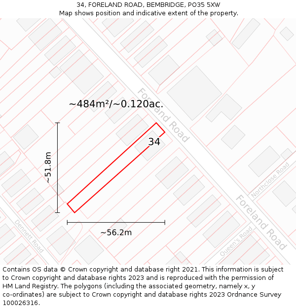34, FORELAND ROAD, BEMBRIDGE, PO35 5XW: Plot and title map