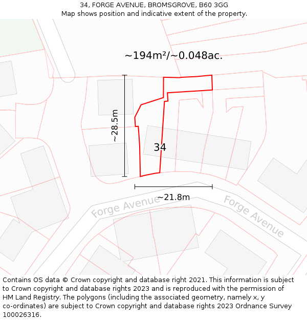 34, FORGE AVENUE, BROMSGROVE, B60 3GG: Plot and title map