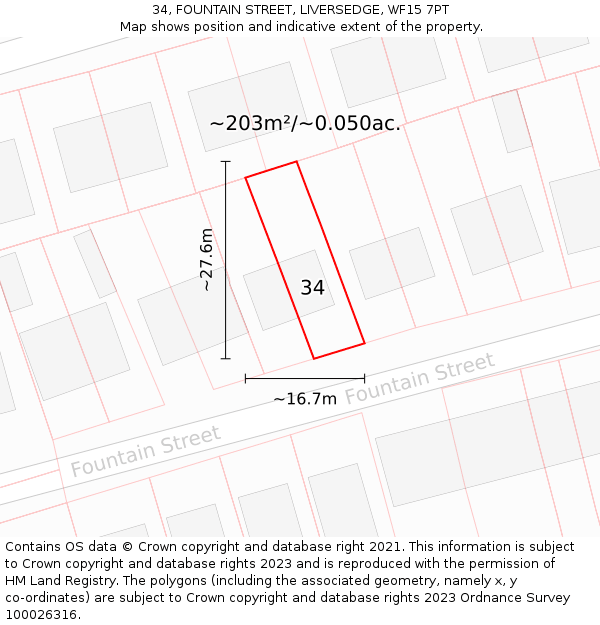 34, FOUNTAIN STREET, LIVERSEDGE, WF15 7PT: Plot and title map
