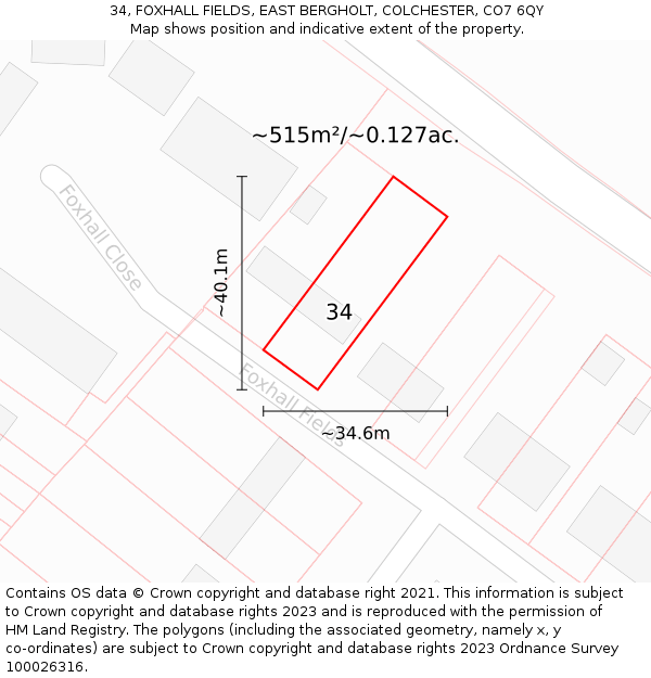 34, FOXHALL FIELDS, EAST BERGHOLT, COLCHESTER, CO7 6QY: Plot and title map