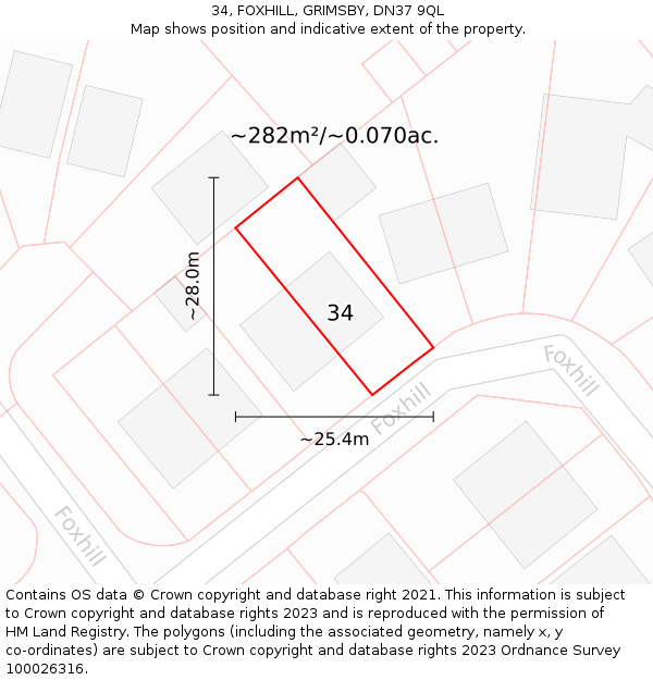 34, FOXHILL, GRIMSBY, DN37 9QL: Plot and title map