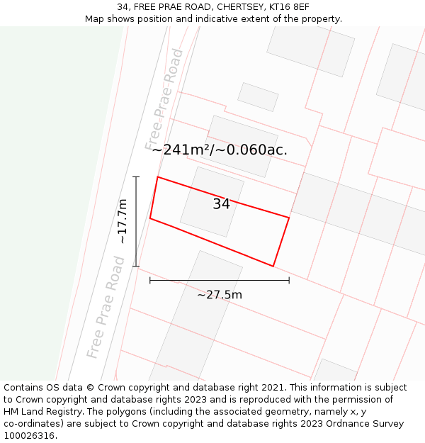 34, FREE PRAE ROAD, CHERTSEY, KT16 8EF: Plot and title map