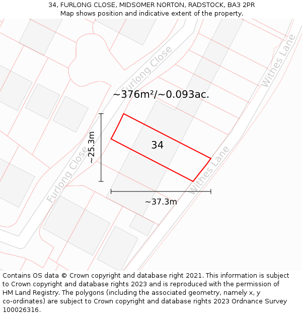 34, FURLONG CLOSE, MIDSOMER NORTON, RADSTOCK, BA3 2PR: Plot and title map