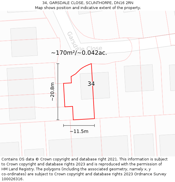 34, GARSDALE CLOSE, SCUNTHORPE, DN16 2RN: Plot and title map