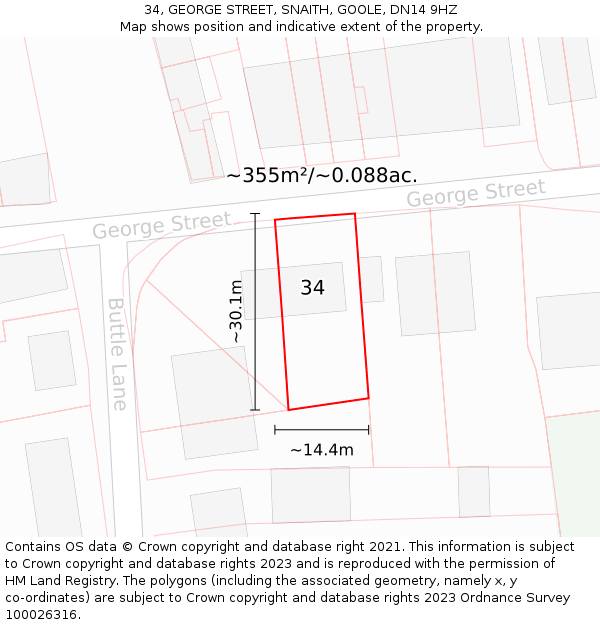 34, GEORGE STREET, SNAITH, GOOLE, DN14 9HZ: Plot and title map