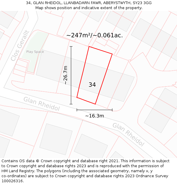 34, GLAN RHEIDOL, LLANBADARN FAWR, ABERYSTWYTH, SY23 3GG: Plot and title map