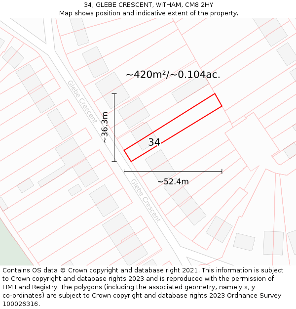 34, GLEBE CRESCENT, WITHAM, CM8 2HY: Plot and title map