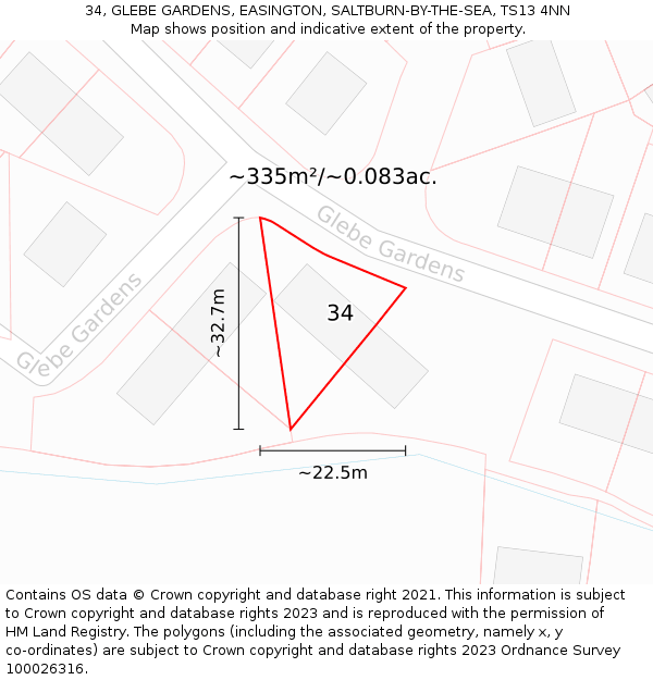 34, GLEBE GARDENS, EASINGTON, SALTBURN-BY-THE-SEA, TS13 4NN: Plot and title map
