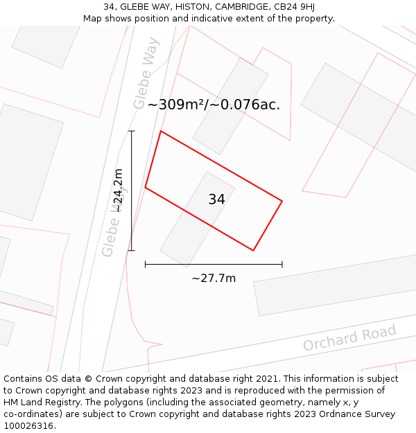 34, GLEBE WAY, HISTON, CAMBRIDGE, CB24 9HJ: Plot and title map