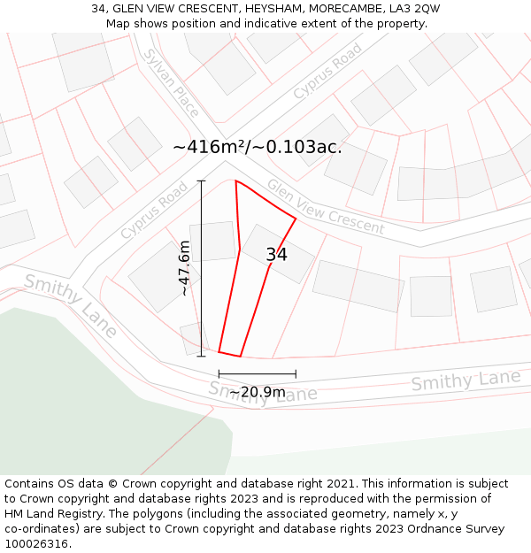 34, GLEN VIEW CRESCENT, HEYSHAM, MORECAMBE, LA3 2QW: Plot and title map