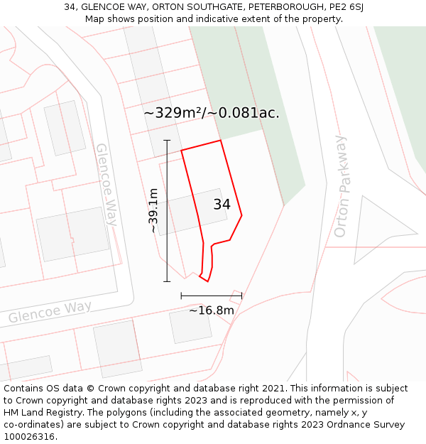 34, GLENCOE WAY, ORTON SOUTHGATE, PETERBOROUGH, PE2 6SJ: Plot and title map