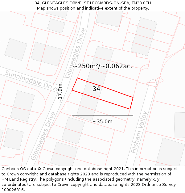34, GLENEAGLES DRIVE, ST LEONARDS-ON-SEA, TN38 0EH: Plot and title map