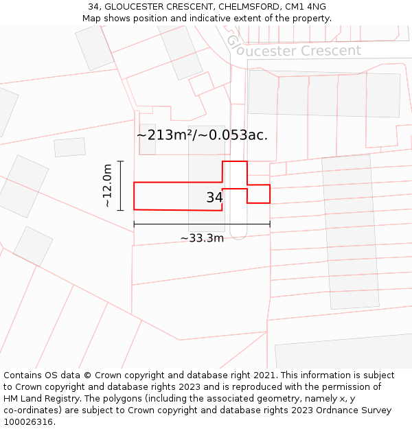 34, GLOUCESTER CRESCENT, CHELMSFORD, CM1 4NG: Plot and title map