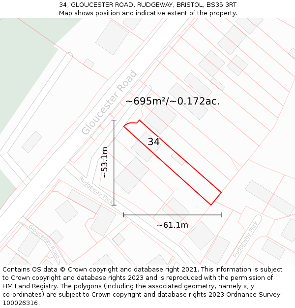 34, GLOUCESTER ROAD, RUDGEWAY, BRISTOL, BS35 3RT: Plot and title map