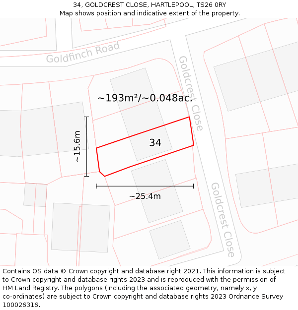 34, GOLDCREST CLOSE, HARTLEPOOL, TS26 0RY: Plot and title map