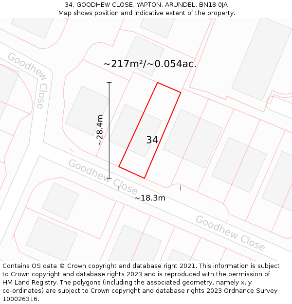 34, GOODHEW CLOSE, YAPTON, ARUNDEL, BN18 0JA: Plot and title map