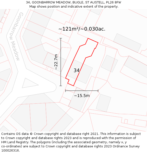 34, GOONBARROW MEADOW, BUGLE, ST AUSTELL, PL26 8FW: Plot and title map