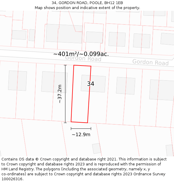 34, GORDON ROAD, POOLE, BH12 1EB: Plot and title map