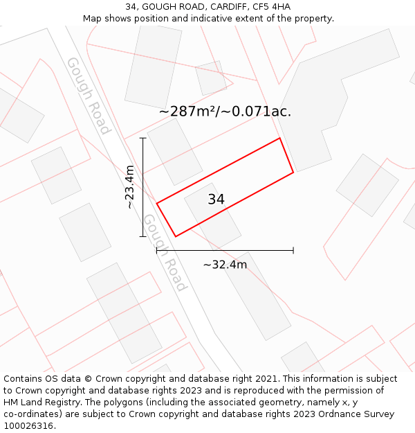 34, GOUGH ROAD, CARDIFF, CF5 4HA: Plot and title map