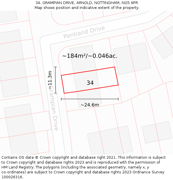 34, GRAMPIAN DRIVE, ARNOLD, NOTTINGHAM, NG5 9PR: Plot and title map