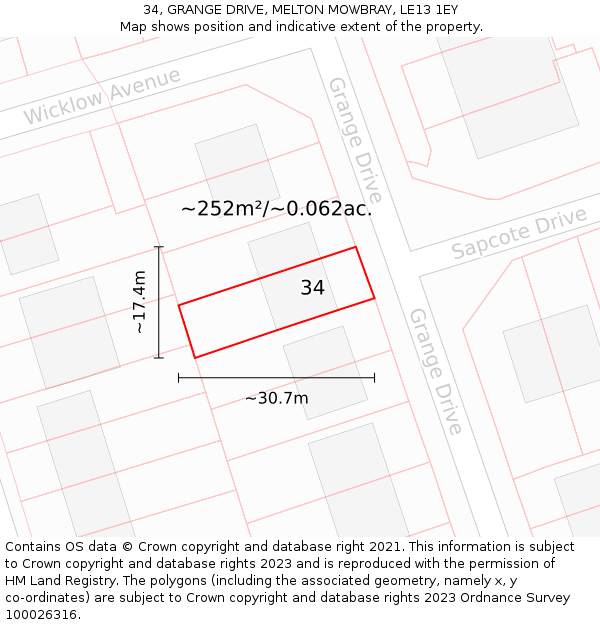 34, GRANGE DRIVE, MELTON MOWBRAY, LE13 1EY: Plot and title map