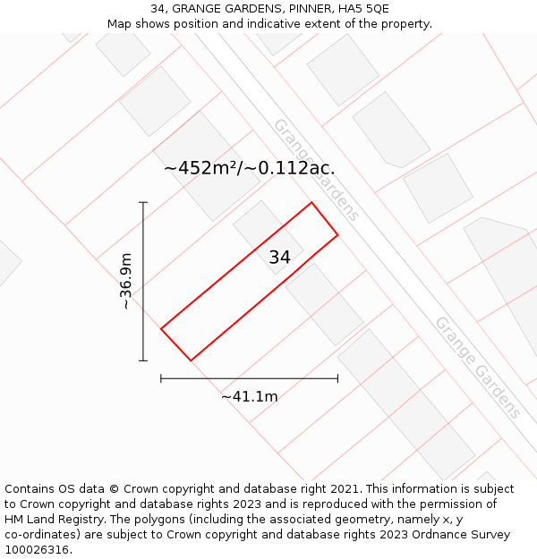 34, GRANGE GARDENS, PINNER, HA5 5QE: Plot and title map