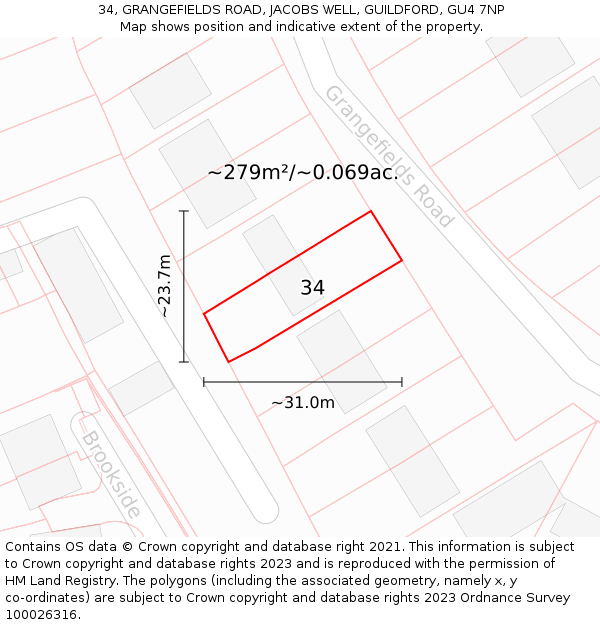 34, GRANGEFIELDS ROAD, JACOBS WELL, GUILDFORD, GU4 7NP: Plot and title map