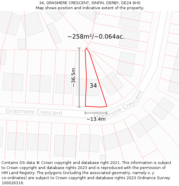 34, GRASMERE CRESCENT, SINFIN, DERBY, DE24 9HS: Plot and title map