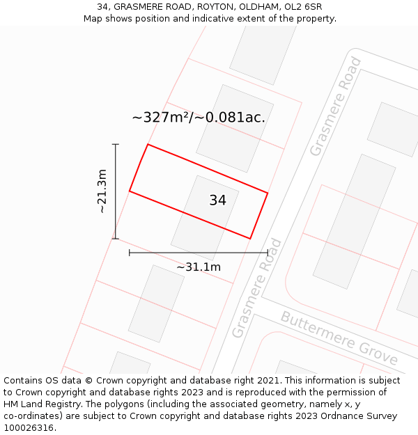 34, GRASMERE ROAD, ROYTON, OLDHAM, OL2 6SR: Plot and title map