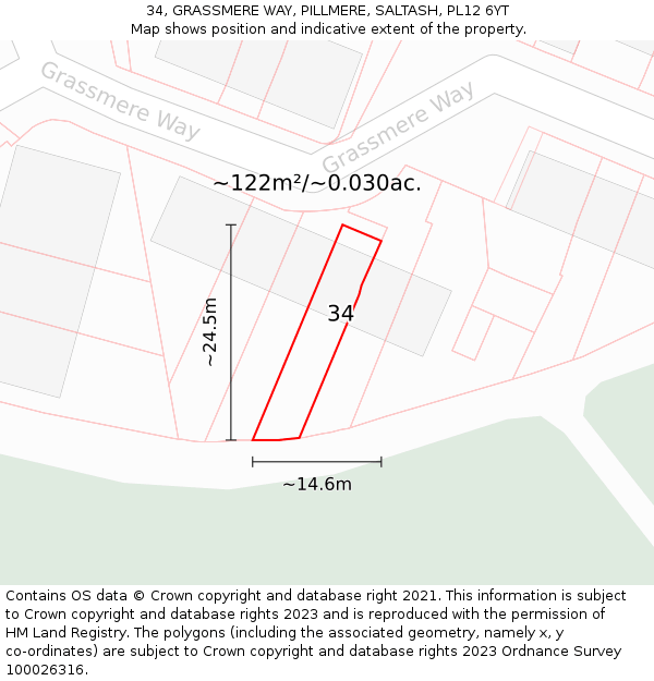 34, GRASSMERE WAY, PILLMERE, SALTASH, PL12 6YT: Plot and title map