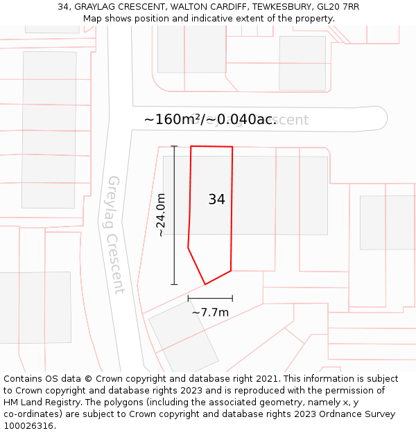 34, GRAYLAG CRESCENT, WALTON CARDIFF, TEWKESBURY, GL20 7RR: Plot and title map