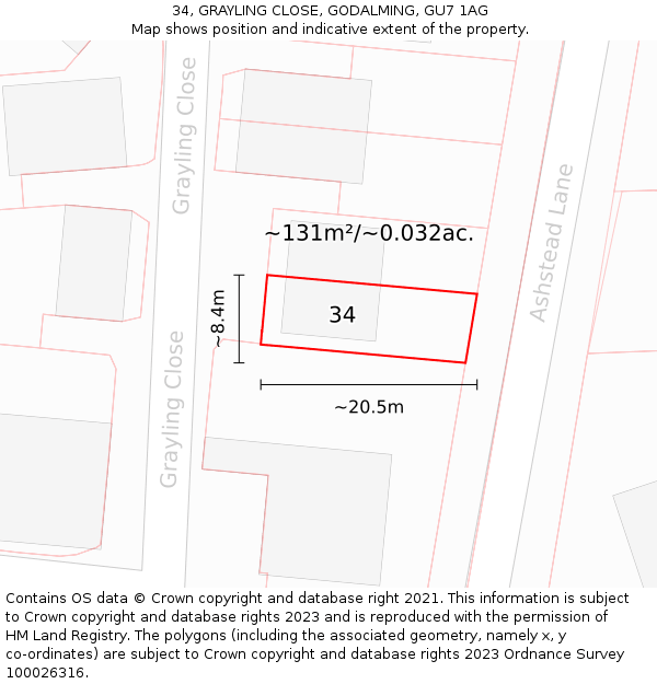 34, GRAYLING CLOSE, GODALMING, GU7 1AG: Plot and title map
