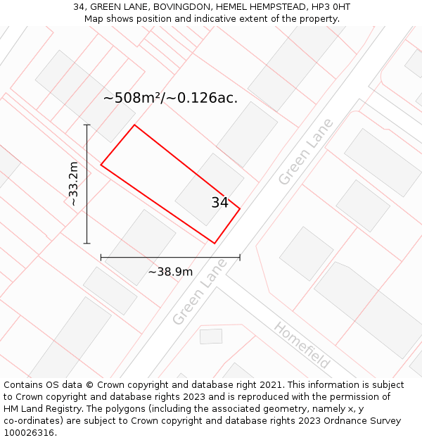 34, GREEN LANE, BOVINGDON, HEMEL HEMPSTEAD, HP3 0HT: Plot and title map