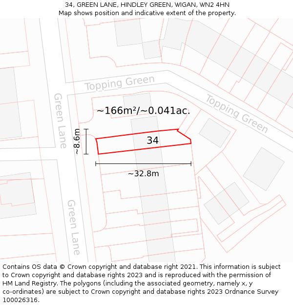 34, GREEN LANE, HINDLEY GREEN, WIGAN, WN2 4HN: Plot and title map