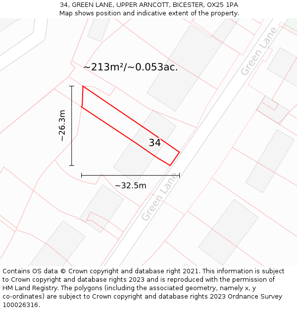 34, GREEN LANE, UPPER ARNCOTT, BICESTER, OX25 1PA: Plot and title map