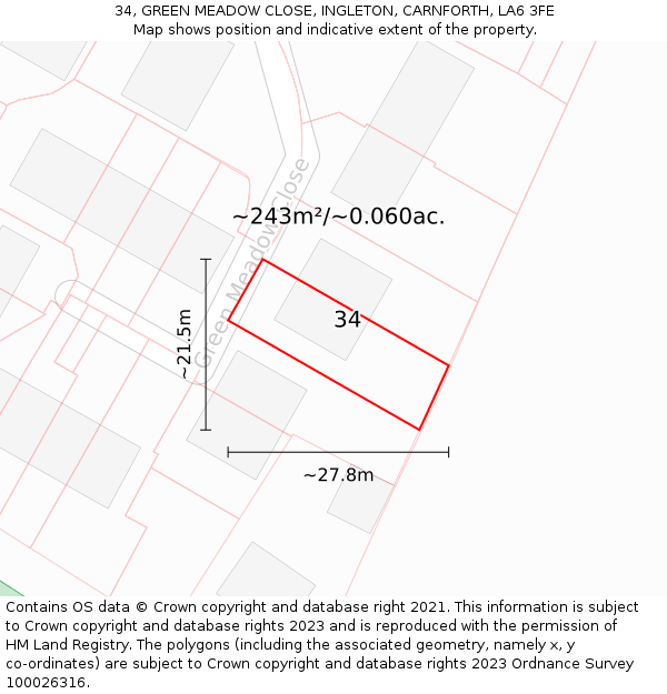 34, GREEN MEADOW CLOSE, INGLETON, CARNFORTH, LA6 3FE: Plot and title map