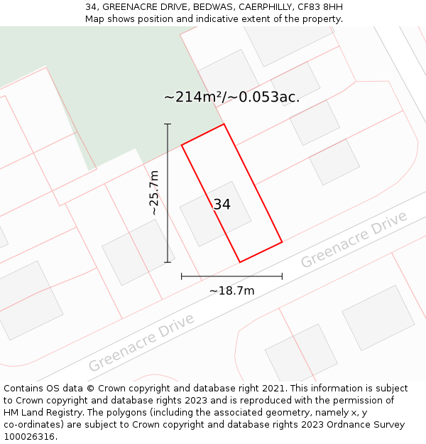 34, GREENACRE DRIVE, BEDWAS, CAERPHILLY, CF83 8HH: Plot and title map