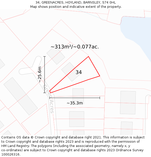 34, GREENACRES, HOYLAND, BARNSLEY, S74 0HL: Plot and title map