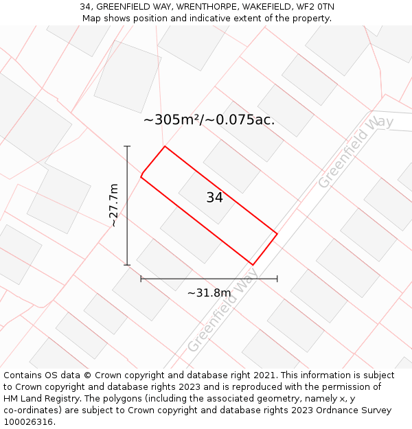 34, GREENFIELD WAY, WRENTHORPE, WAKEFIELD, WF2 0TN: Plot and title map