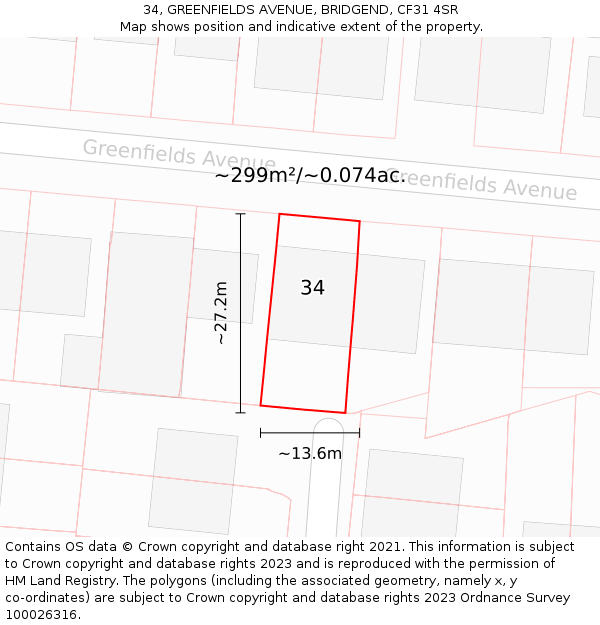 34, GREENFIELDS AVENUE, BRIDGEND, CF31 4SR: Plot and title map