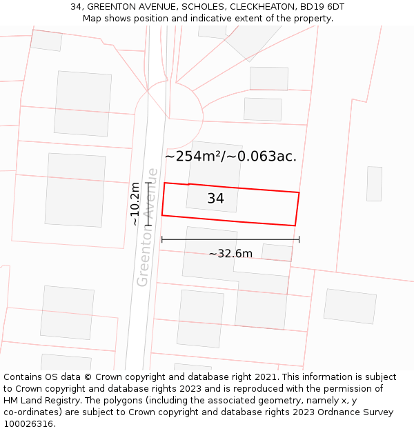 34, GREENTON AVENUE, SCHOLES, CLECKHEATON, BD19 6DT: Plot and title map