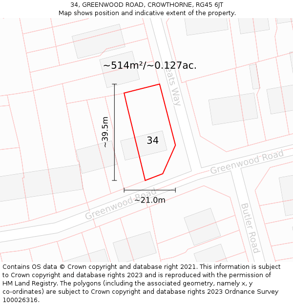 34, GREENWOOD ROAD, CROWTHORNE, RG45 6JT: Plot and title map