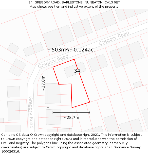 34, GREGORY ROAD, BARLESTONE, NUNEATON, CV13 0ET: Plot and title map
