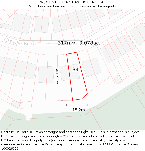 34, GREVILLE ROAD, HASTINGS, TN35 5AL: Plot and title map