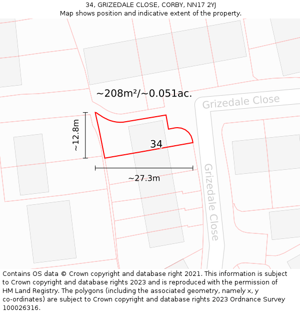 34, GRIZEDALE CLOSE, CORBY, NN17 2YJ: Plot and title map