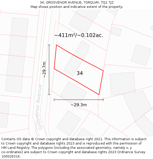 34, GROSVENOR AVENUE, TORQUAY, TQ2 7JZ: Plot and title map