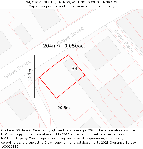 34, GROVE STREET, RAUNDS, WELLINGBOROUGH, NN9 6DS: Plot and title map